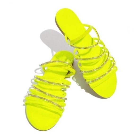 !! NEW !! Embellished Elastic Strappy Slingback Sandals in Neon Yellow - Picture 2 of 6